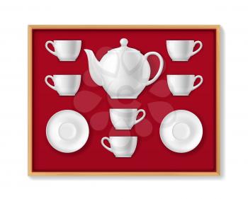Realistic ceramic tea set, tea cups, pot, mugs and porcelains. Vector 3d white colored crockery teapot, cups and saucers for drinking hot beverage lying in wood box with red velvet sheathing top view