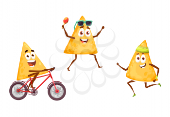 Mexican nachos chips on sports and leisure fiesta, vector cartoon food characters. Nachos chips with maracas in sunglasses on bicycle, jogging or fitness run and party celebration, Mexico holiday