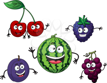 Cherry, watermelon, grape, bilberry and plum in cartoon style