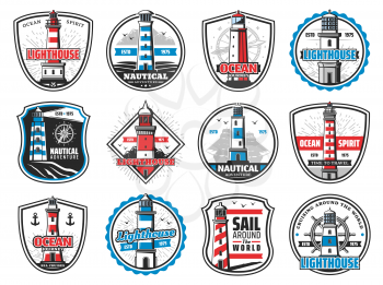 Lighthouse, marine beacon, anchor and ship helm heraldic icons. Vector nautical lighthouse tower, sailing maritime adventure, compass and ship chain badges, ocean waves, seagulls and frigate ship