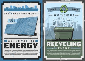 Alternative energy and eco power generation industry, garbage plant and ecology conservation vintage posters. Vector Save World and nature protection, renewable energy sources in nature ecosystem