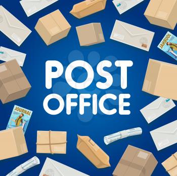 Mail delivery, post office logistics and shipping. Vector mailman courier service in correspondence letter envelopes with postage stamps, parcel boxes and newspapers or magazines and journals