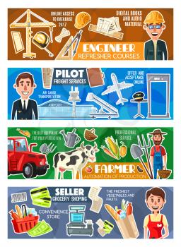 Seller and pilot, farmer and engineer architect professions. Vector supermarket shopping cart, farming agriculture and cattle, architecture construction and building tool, aviation and airport freight