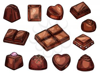 Chocolate candies and sweet desserts sketch isolated icons. Vector choco candies with praline, nuts or cocoa topping, dark bitter and milk chocolate bars, handmade chocolate candy