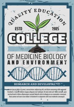 College quality higher education in medicine biology, environment or chemistry and microbiology. Vector vintage retro poster of ecology study and genetics, agrarian discipline research and development