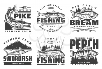 Fishing club badges, fisherman summer camp and big fish catch tours. Vector fishing tournament badges, fisher equipment tackles, rods and lures for river pike and bream, ocean swordfish and lake perch