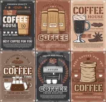 Coffee cups, beans and espresso machine, coffee pot, takeaway paper mug of cappucinno or latte and spices vintage posters. Vector design of cafe, coffeehouse and coffeeshop menu
