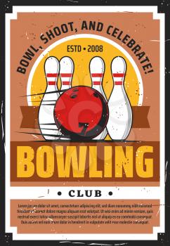 Bowling sport club vector design with bowling ball, pins or skittles on lane. Sport game items retro poster of sporting tournament or team competition invitation