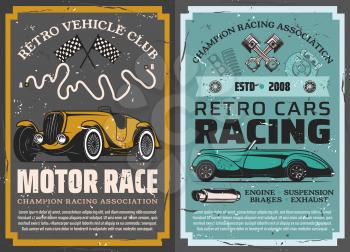 Vehicles motor race, retro cars club and restoration garagestation, vector vintage posters. Champion racing association, muscle cars grand prix rally route, finish flag and pit stop mechanic service