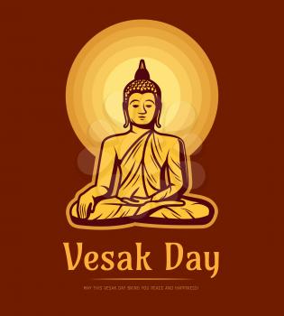 Vesak Day holiday. Buddha sitting under full moon meditate in lotus yoga pose. Buddhism asian religion, culture and tradition vector poster. Vesak Day birthday, enlightenment and death of Buddha