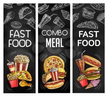 Fast food restaurant menu, vector sketch chalkboard banners. Fastfood combo meals menu burgers, pizza and hamburger sandwiches, Mexican burrito, taco and chicken wings, hot dog and popcorn