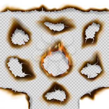 Burnt paper holes and scorched page edges 3d vector design with realistic fire flames on transparent background. Damaged and torn paper pieces or parchment with ash and cracks on borders
