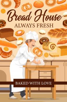 Baker with bread, pastries and sweets, bakery shop vector poster. Chef kneading dough on table. Croissant and bread, baguette and cookies, sandwich toast, donut and buns, pretzel, challah and roll