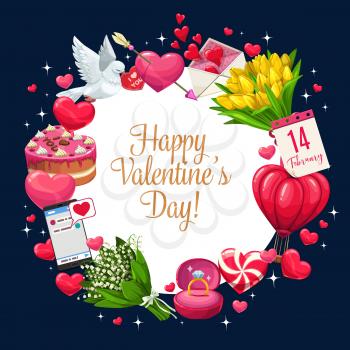 Happy Valentines day floral frame of hearts, roses and tulip flowers and sparkling cupid arrows. Vector Valentines holiday love message in smartphone, envelope and hot air ballon heart, dove bird