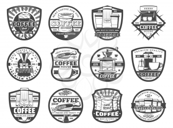 Coffee brewing shop, cafeteria isolated vector icons. Morning drink in turk, latte or americano, coffee grinder mill. Grinding machine and pot, beans in sack, takeaway paper or glass cups
