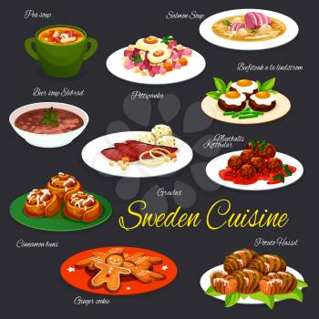 Swedish fish and meat dishes vector design. Vegetables, ham and beef steak with eggs, salmon, pea and beer soups, baked potato, meatballs and marinated salmon, cinnamon rolls and ginger cookies