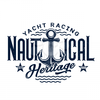 Sea ship anchor t-shirt print vector design of yacht racing nautical club apparel fashion. Sailing and yachting sport team uniform and regatta competition clothes with lettering and blue waves
