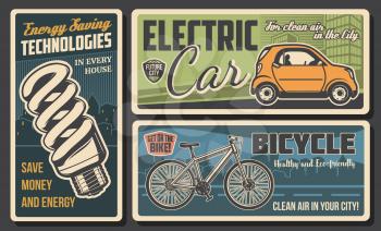Energy savings and eco transport retro banners of ecology and environment protection vector design. Economy fluorescent light bulb, electric car and bicycle with green city on background
