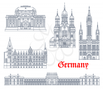 Germany landmarks architecture, German Wiesbaden buildings, vector icons. Germany famous landmarks of Hesse Staatstheater theater, Greek orthodox chapel Biebrich castle and Marktkirche church