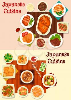 Japanese cuisine meat dishes with vegetables and Asian spices. Vector soups and stews with mushroom and eggs, chicken wings and giblets with ginger, soy and miso sauce, pork meatballs and bean salad