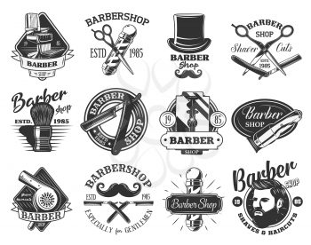 Barbershop retro vector icons. Hair cutting, beard and mustache shaving, pole of barber shop, straight razor and hipster man head, gentleman hairdresser chair, grooming shaver, scissors