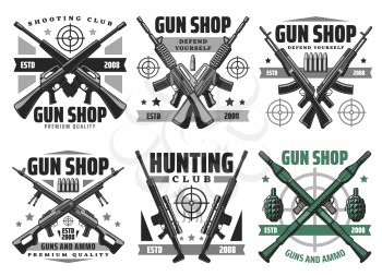 Gun shop and hunting ammo, equipment store vector icons. Military ammunition, rifles and shotguns, revolvers, aims and targets. Self protection and defence, bullets trigger ammo