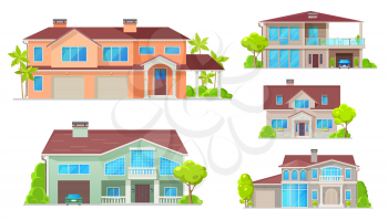 Cottage, country house, villa, mansion and bungalow vector buildings. Real estate objects. Facade exteriors, windows, entrance door, garage and parking zone, trees