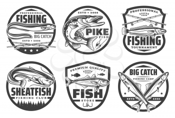 Fishing sport, fisherman hobby isolated monochrome logos. Vector fishery tackles, crossed rods, pike, trout and sheatfish, big catch. Fishing camp, flounder and pike on hook, bait or lure, river lake