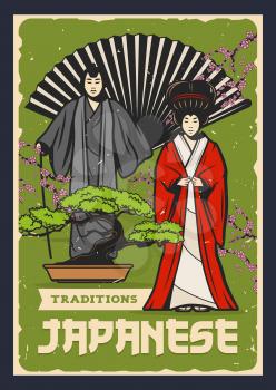 Japanese Kabuki and Noh theatre actors with bonsai tree and fan vector design of Asian culture. Samurai and geisha with traditional kimono costumes, sakura blooming branches and pink cherry flowers