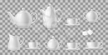 Tea or coffee set realistic vector design of hot beverage and drink white ceramic cups and pots. 3d porcelain teapots, mugs, kettle and saucers, sugar bowls, creamer pitcher and sugar cubes