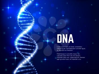 DNA glowing helix vector design of genetics science, medicine, biology and biotechnology. Blue molecule of DNA double helix with sparkling strands and atoms, bright sparkles and particles