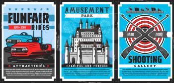 Amusement park rides, shooting gallery, carnival and funfair castle vector design of entertainment industry. Amusement park attractions poster with fairground bumper cars, pellet guns, targets, palace