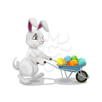 Bunny or rabbit carrying Easter egg hunt wheelbarrow, religion holiday egghunting party. Vector hare animal with cart full of colorful painted eggs, kids competitive game of Easter holiday celebration