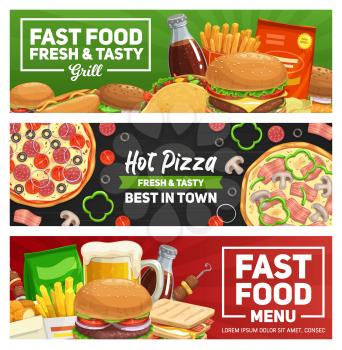 Fast food pizza, burgers and sandwiches, food court menu vector banners. Cheeseburger, potato fries and hamburger, hot dog sausage with ketchup and mustard, grill kebab, beer, soda and coffee drinks