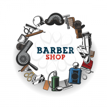 Barber shop salon, haircut tools. Barbershop equipment and barber tools, beard trimmer, mustache shaving brush and razor blade, scissors, comb and hair dryer. Hipster and gentlemen hairdresser