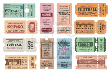 American football vector game tickets, isolated on white. Football team match, retro isolated vintage adit templates form paper or carton with perforated line