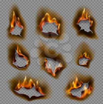 Burning holes in paper, realistic fire flames and torn edges vector design on transparent background. Destroyed paper page or sheet with brown burnts, ripped and cracked borders, ash and blaze