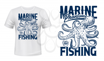 Ocean octopus t-shirt print, vector mockup. Marine phantom underwater monster, seafood fishing big catch. Marine fishing club emblem, sketch style