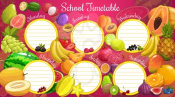 School timetable and lessons weekly planner, vector template with tropical fruits and berries. School schedule timetable with papaya, pineapple and kiwi, blackcurrant and blueberry, figs and grape