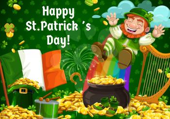 Leprechauns shenanigans, Patricks day celebration. Vector gnome having fun on rainbow, harp and pot with coins, rain of gold and fireworks. Flag of Ireland, lucky horseshoe, shamrock leaves