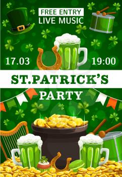 Irish traditional holiday Saint Patricks day, party poster. Cartoon golden horseshoe, shamrock clover leaf and leprechaun gold, harp, green ale beer pint and Ireland flags