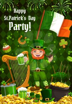 Patricks day, Irish holiday poster with shamrock clover leaf and leprechaun gold coins pot. Happy Saint Patrick day, leprechaun with green bee pint mug and Ireland flag