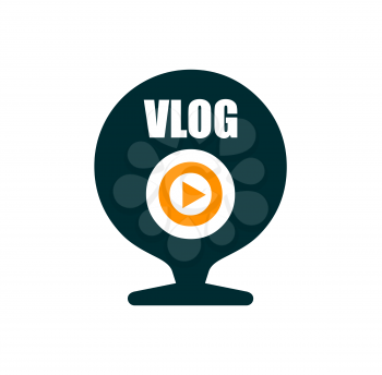 Vlog icon, tv broadcast, live stream. Online video blog icon. Vector symbol for social media event, virtual multimedia content, internet channel. Isolated emblem with play button and microphone