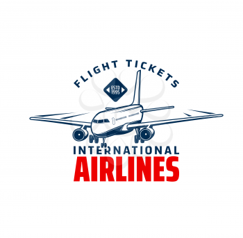 Airlines passenger flight icon. Air transportation and logistics, passenger flights tickets, international airline and aviation travel vector retro emblem or icon with flying airliner, plane aircraft