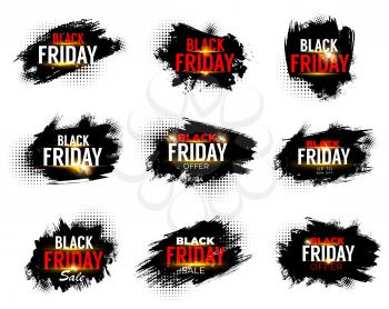Black friday sale banners, weekend shop offer and promo labels with halftone blobs. Vector grunge promo tags for price discount, off promotion with grunge spots and sparkles isolated elements set