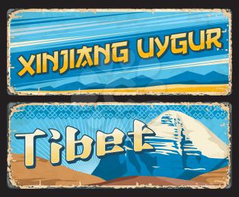 Tibet, Xinjiang Uygur chinese regions plates. China territories and autonomous regions tin signs, grunge vector plates or vintage travel stickers with shabby sides and Mount Everest mountain peak