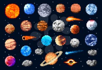 Pixel space planets and stars, asteroids and comets. Universe galaxy satellite and meteorite retro 8bit game icons. Vector retro astronomy objects in space, pixel art fantasy and solar system planets