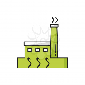 Nuclear, electrical power station isolated factory color thin line icon. Vector green plant generating energy, industrial tower with radiation, ecology wastes. Electrical power station nuclear reactor