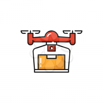 Drone shipping parcel delivery services isolated flat icon. Vector online shopping and food delivery services. Fast express orders, modern deliver service technology, shipping logistic, food shipment