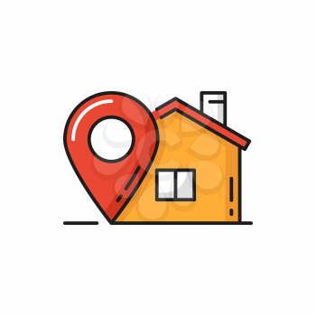 Delivery to home, parcel tracking, point location isolated flat icon. Vector pinpoint on house dwelling, fastfood fast online orders and shipping services, navigation, place delivery to location